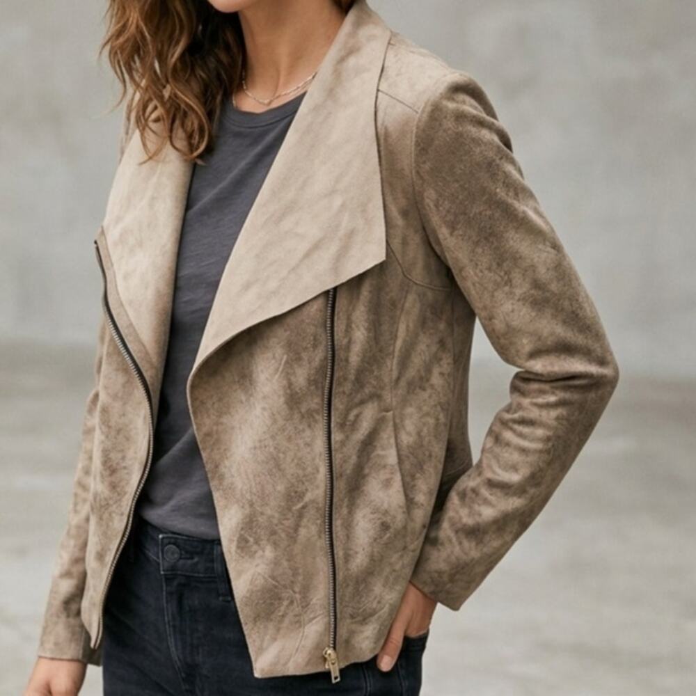 Zara Faux Suede Asymmetrical Moto Jacket Taupe Stretch M